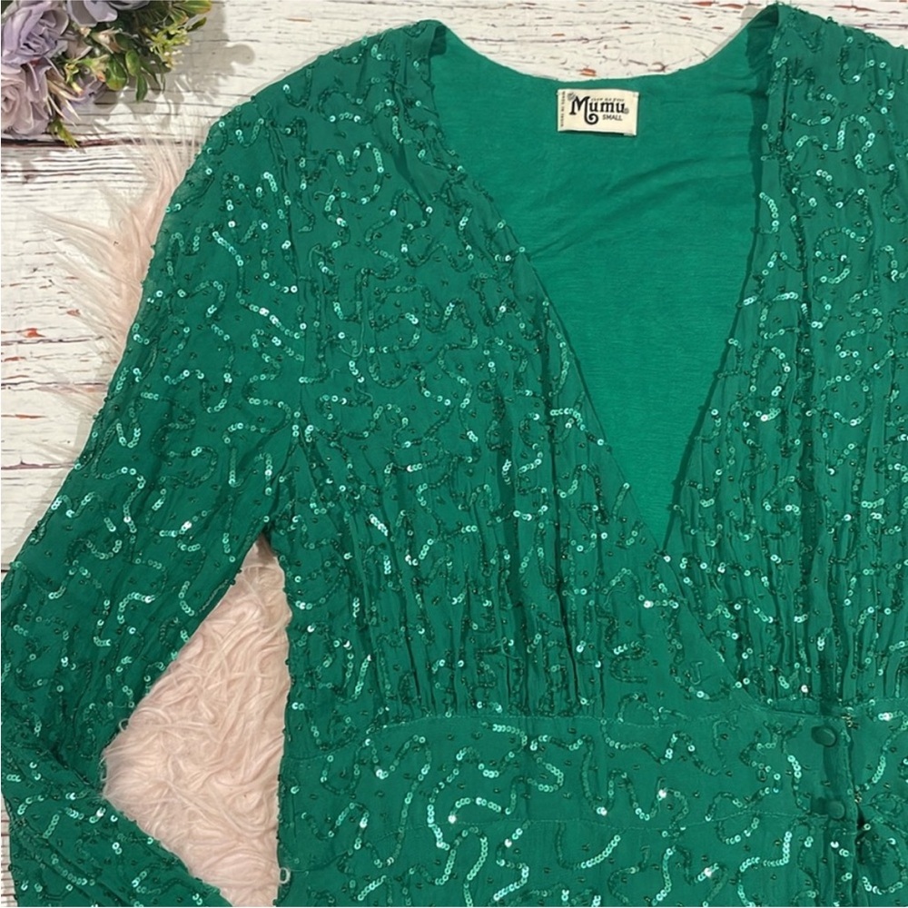 Show Me Your MuMu Phyllis Emerald Beaded Sequins Wrap Mini Dress - Picture 5 of 12